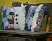 Decorative pillow in crazy, eclectic stzye, in shades of blue and white 16 x 16 inches Made from recycled clothing and materials