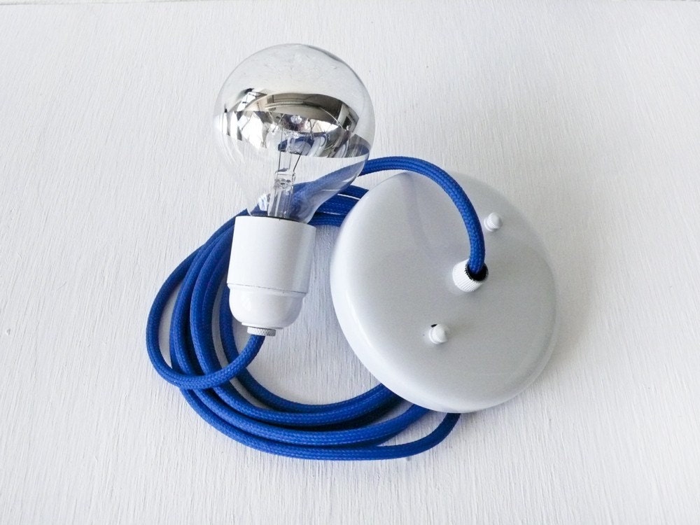 Royal Blue Pendant Light Cord w/ Large Silver Globe Bulb