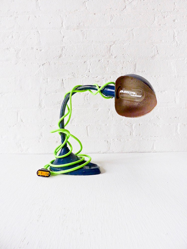 Industrial Lighting - Vintage Gooseneck Table Desk Lamp - Navy Blue w/ Neon Yellow Green Color Cord
