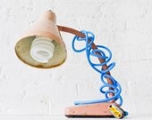 Vintage Industrial Desk Lamp- Pale Pink Retro Gooseneck with Baby Blue Cloth Cord