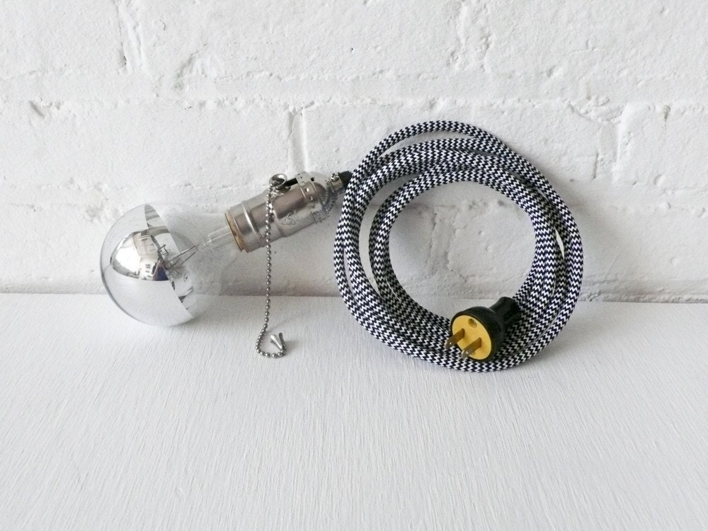 Black and White Pendant Light Cord w/ Large Silver Globe Bulb