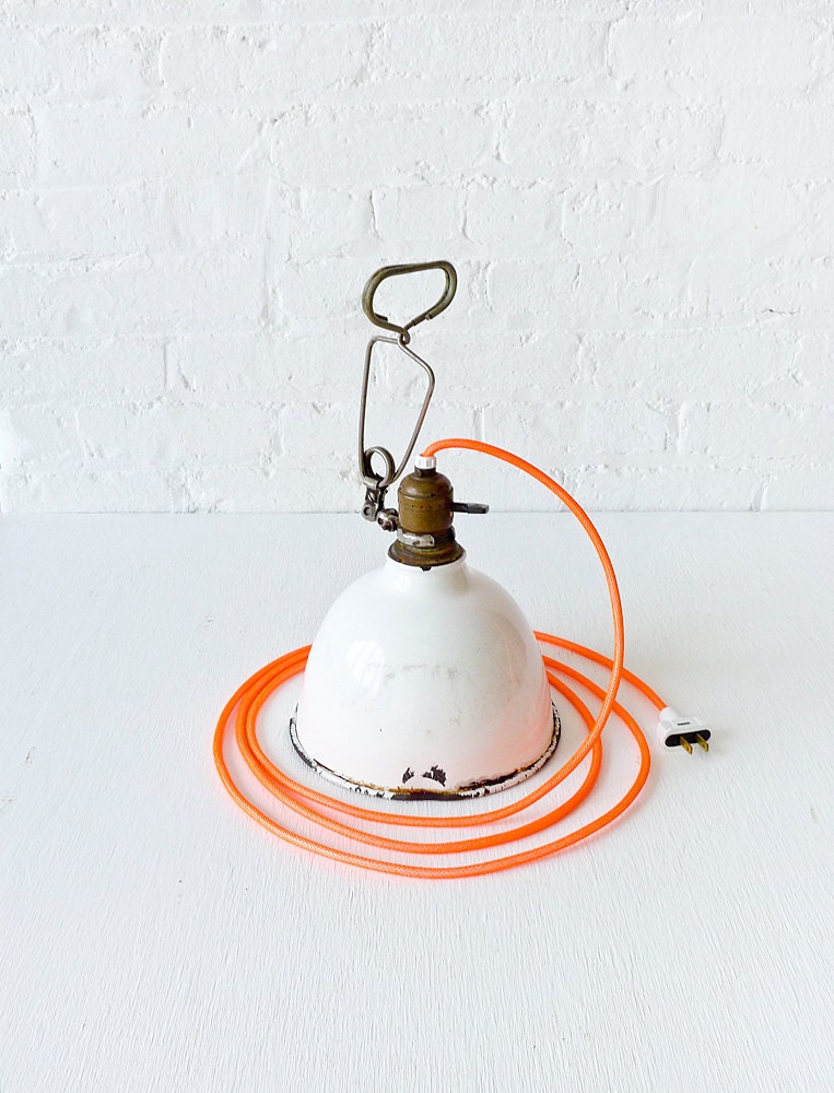 Antique Industrial Light- White Porcelian Clip Lamp w/ Neon Ornage Color Cord