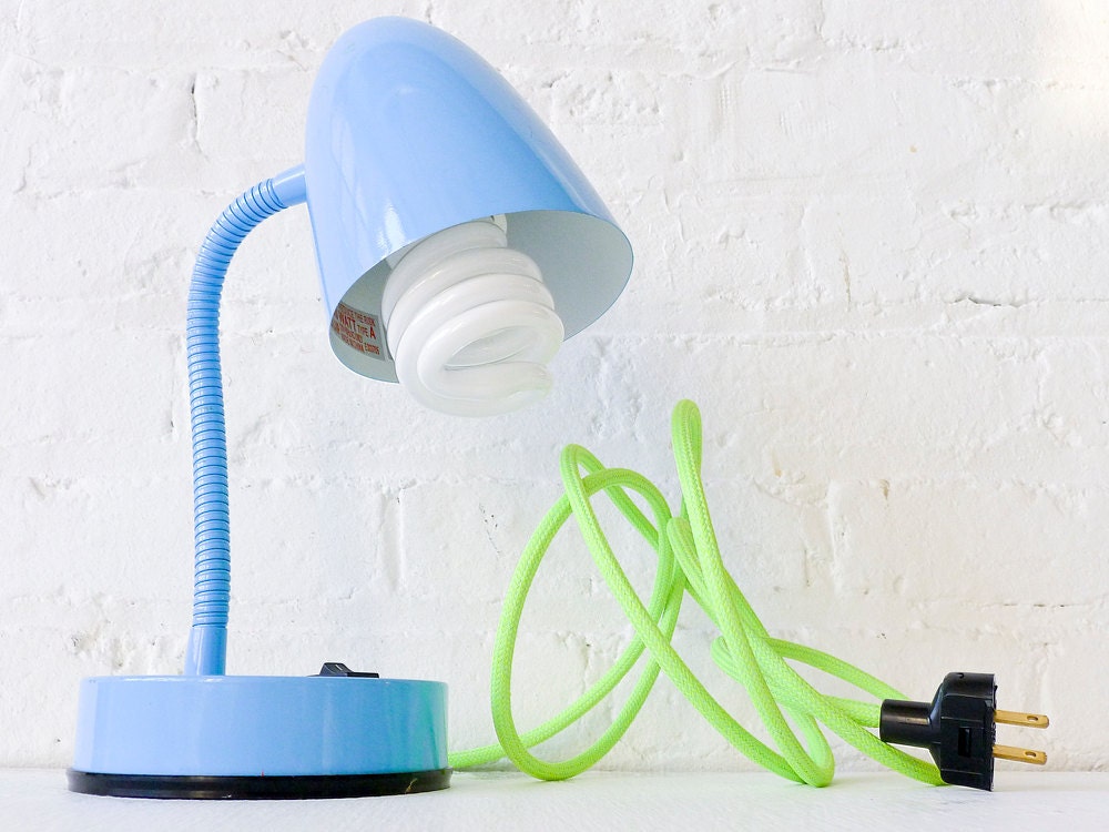 30% SALE - Retro Industrial Gooseneck Desk Table Lamp in baby Blue with Neon Yellow Green Cord