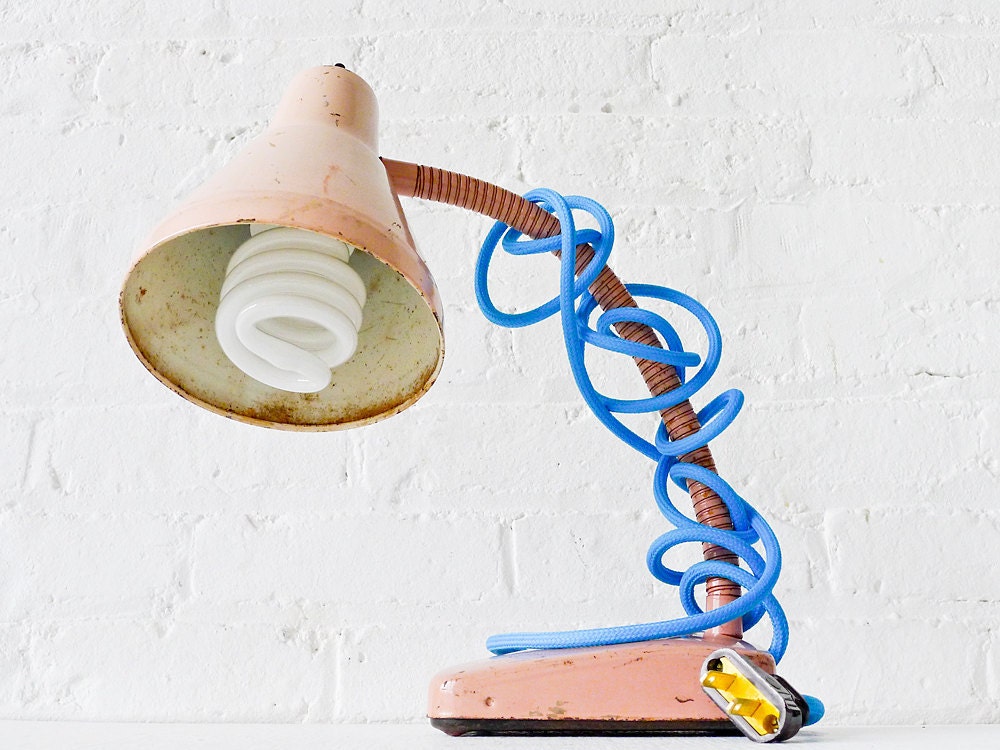 Vintage Industrial Desk Lamp- Pale Pink Retro Gooseneck with Baby Blue Cloth Cord
