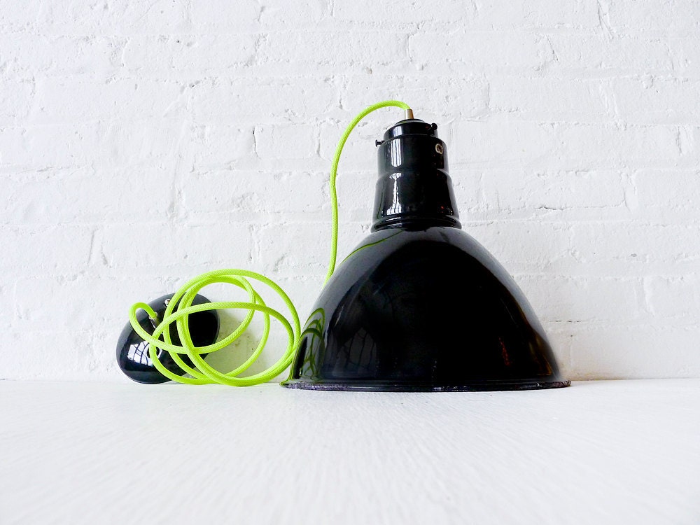 Pendant Light - Vintage Industrial Gas Station Factory Lighting with Neon Yellow Net Color Cord