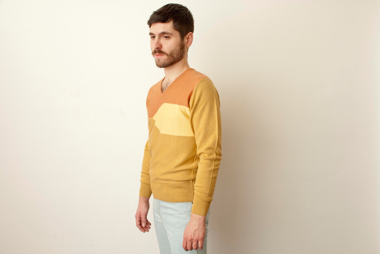 Unworn three colour V-neck 70s woolen jumper