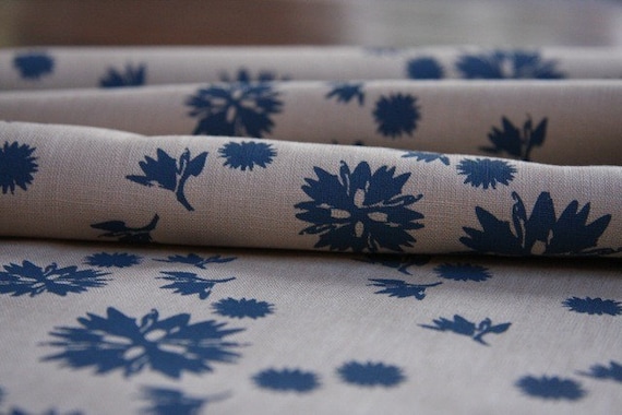 Hand Screen Printed Fabric - Floral Seeds (Sml) in Indigo on Hessian