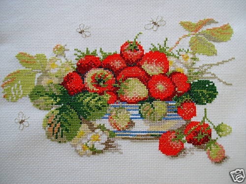 COMPLETED CROSS STITCH   STRAWBERRIES     STILL LIFE