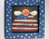 Folk Art, American, Raggedy Angel, Patriotic, Framed in Blue
