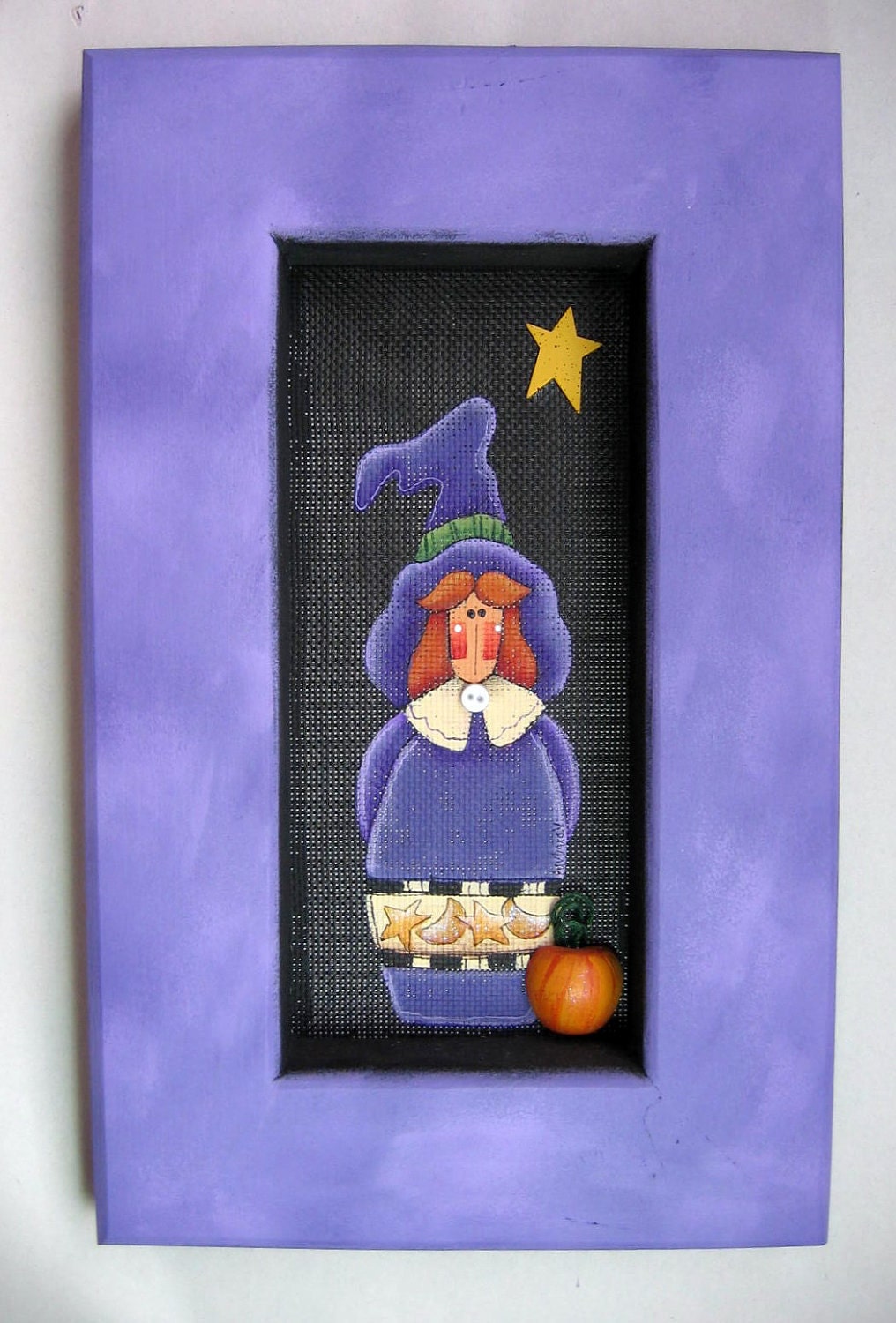 Halloween, Folk Art, Witch, Framed in Purple, Tole Painted