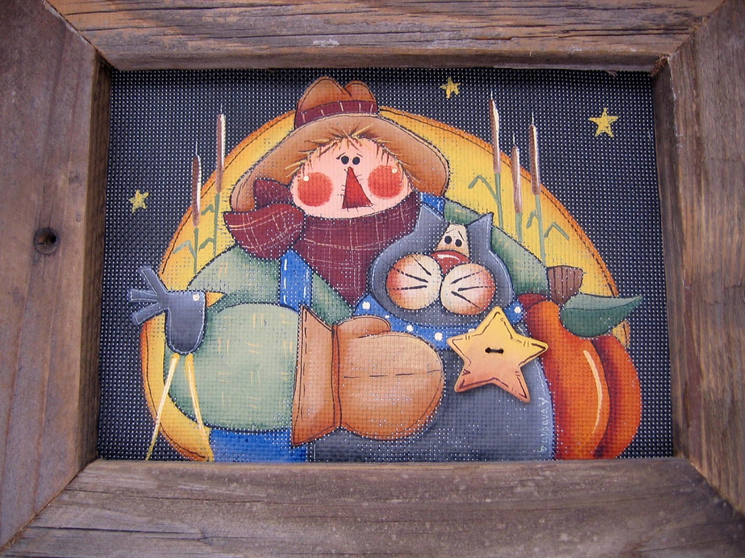 Autumn Scarecrow, Cat, and Moon, Primitive, Rustic, Barn Wood Framed, Tole Painted