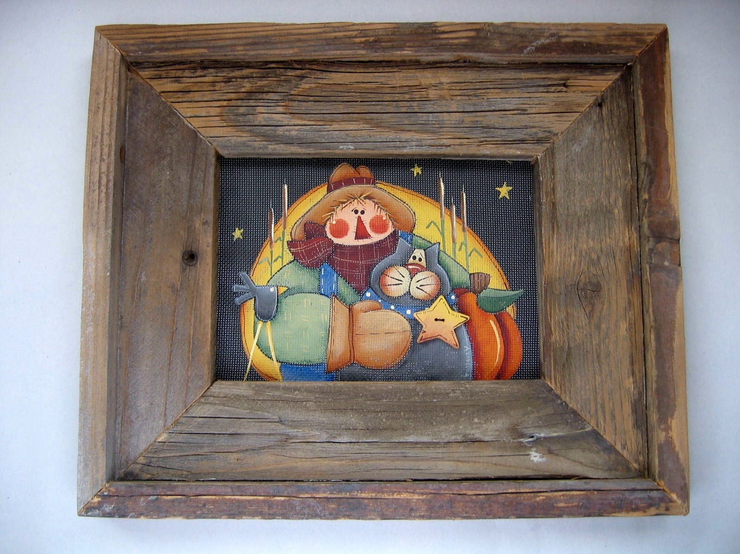 Autumn Scarecrow, Cat, and Moon, Primitive, Rustic, Barn Wood Framed, Tole Painted