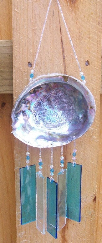 Abalone Shell Upcycled into a Windchime with Turquoise Stained Glass Chimes