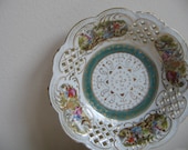 Vintage Porcelain Bowl Dish White Teal Gold, Reticulated Scalloped Edge, Ornate Victorian Romantic, Man Woman Garden