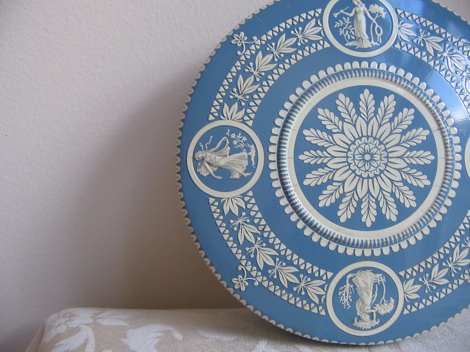 Vintage Tin Metal Container Blue White Embossed Neoclassical Maidens, Holland Nordic