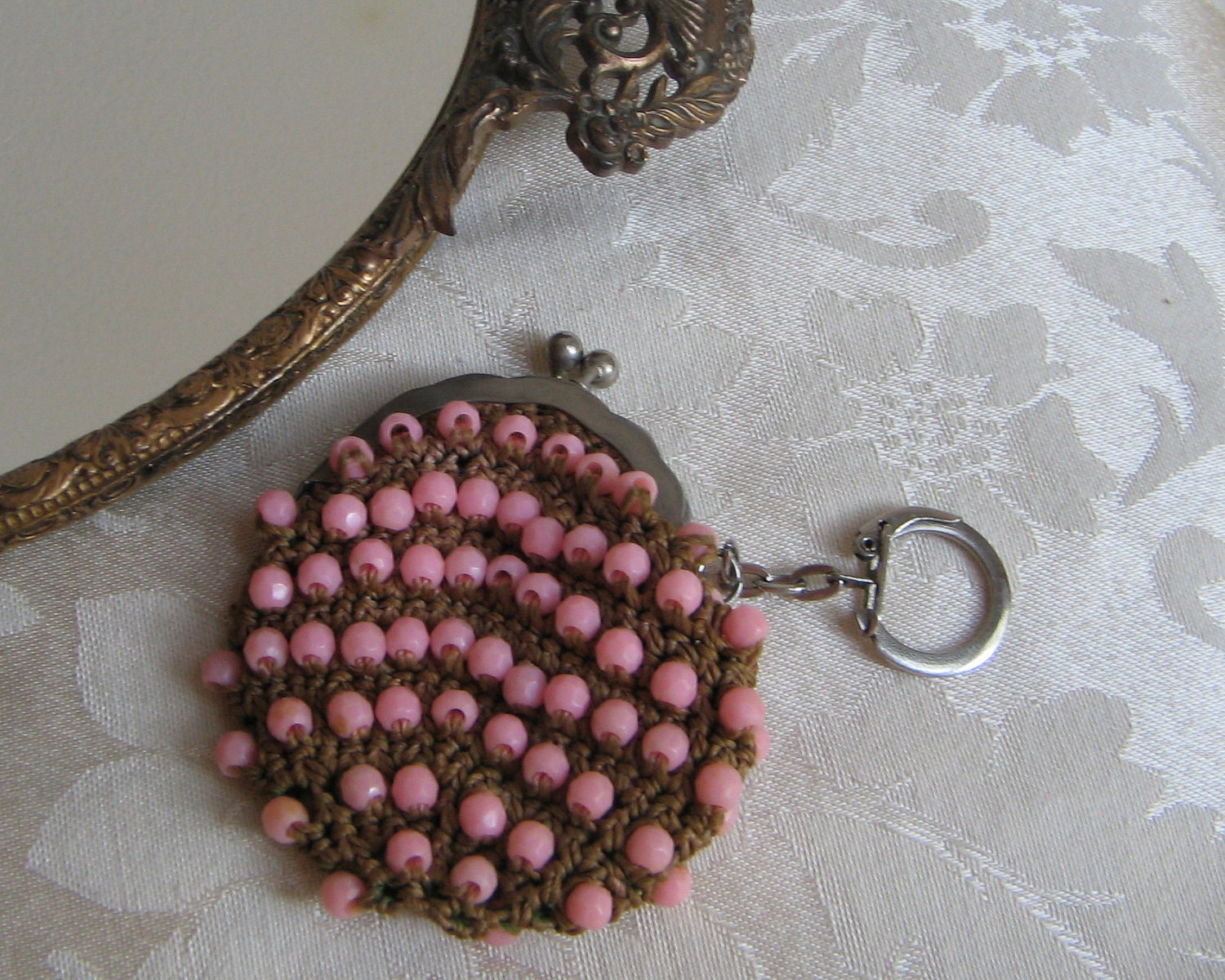 Vintage Beaded Crocheted Coin Purse Change Money Holder Key Chain Handmade PINK