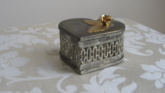 Vintage Heart Box, Silver Metal Brass Tarnished Patina, Trinket Box, Romantic, Gothic