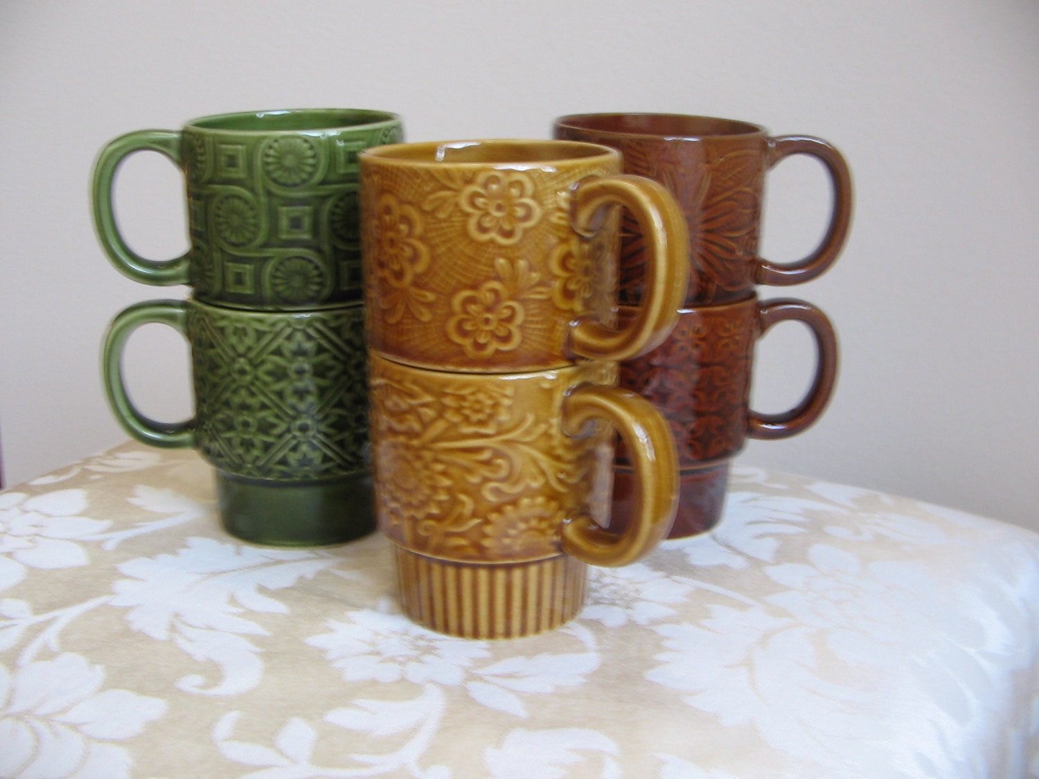 Vintage Mugs Coffee Cups Set of Six Ceramic Stackable 1970's Avocado Green Harvest Gold Brown Japan Retro Modern Boho Bohemian COOL