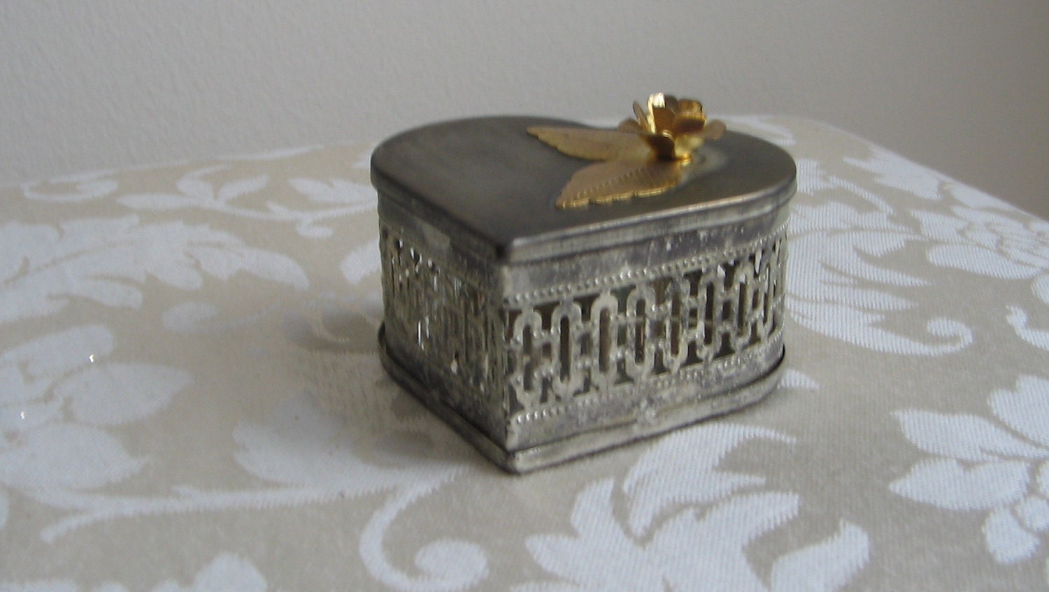 Vintage Heart Box, Silver Metal Brass Tarnished Patina, Trinket Box, Romantic, Gothic