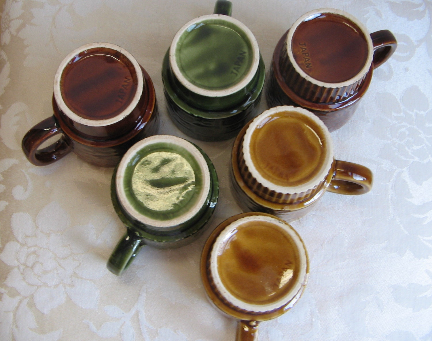 Vintage Mugs Coffee Cups Set of Six Ceramic Stackable 1970's Avocado Green Harvest Gold Brown Japan Retro Modern Boho Bohemian COOL