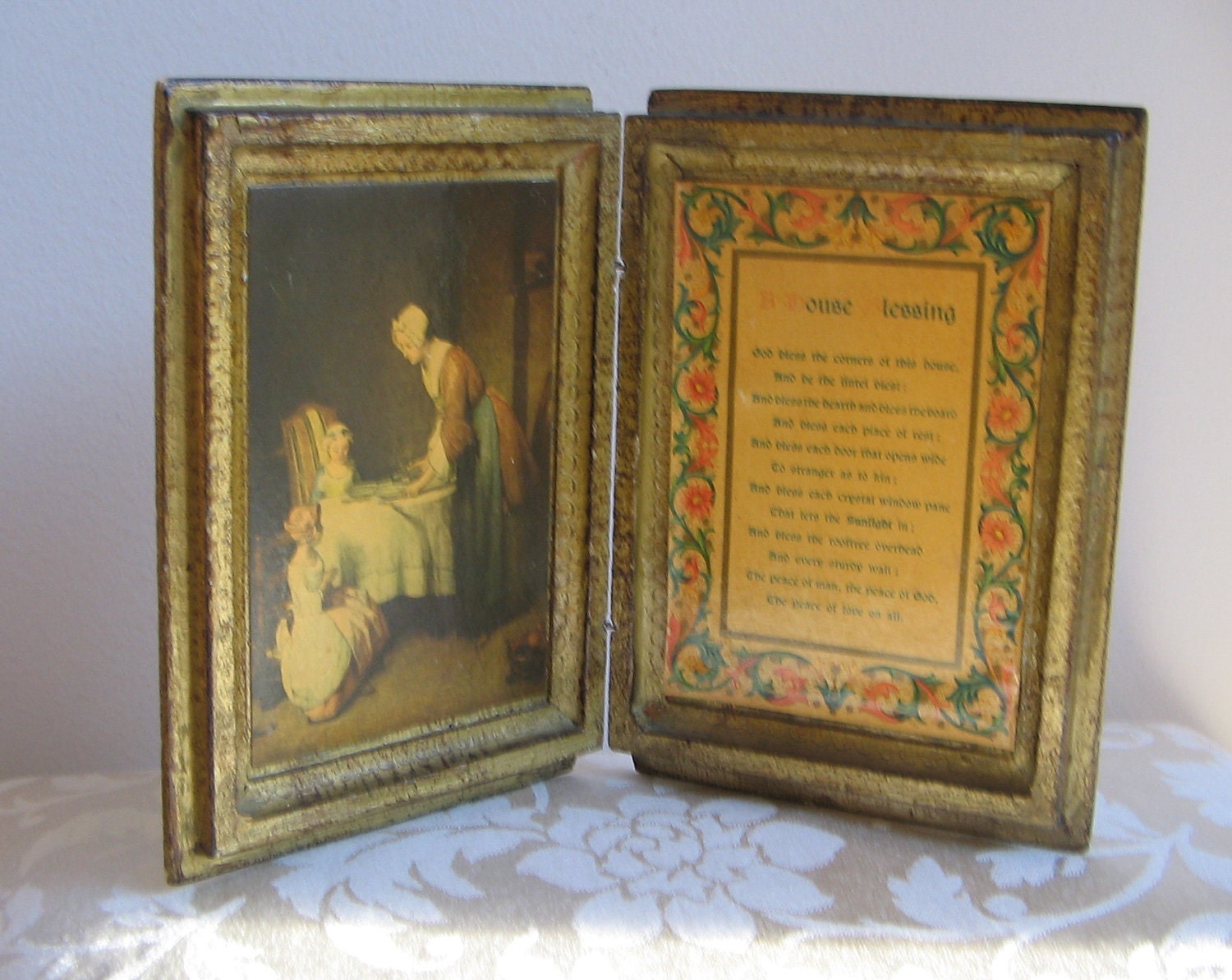 Vintage House Blessing Florentine Gilded Wood Hinged Box Frame Diptych Art Nouveau