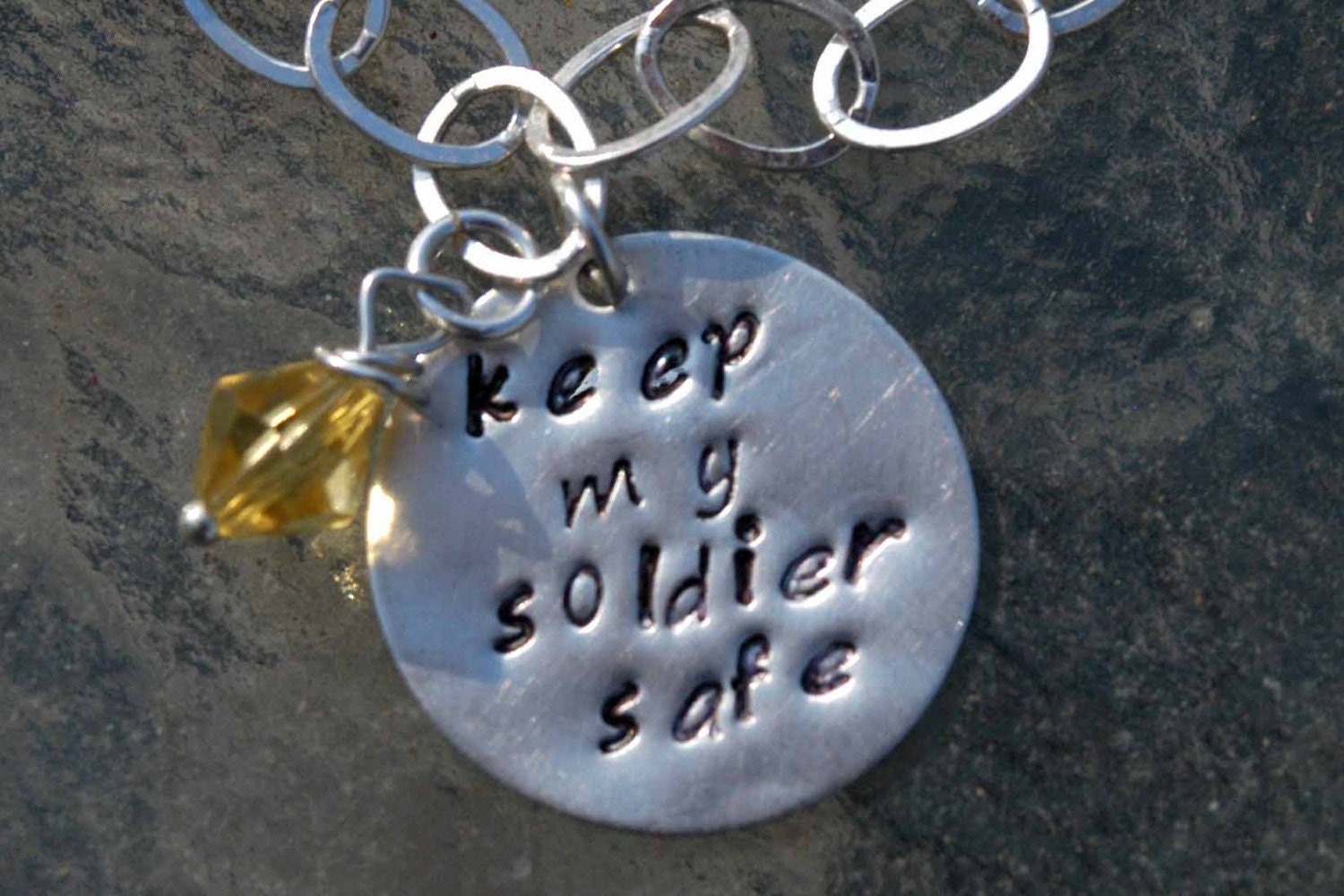 Hand Stamped Sterling Large Link Bracelet With Yellow Swarovski Crystal - Keep My Soldier Safe By Inspired Jewelry Designs