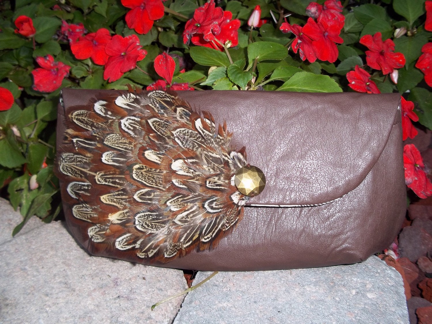 The Audrey Clutch in Faux Leather with Intricate Feather detail