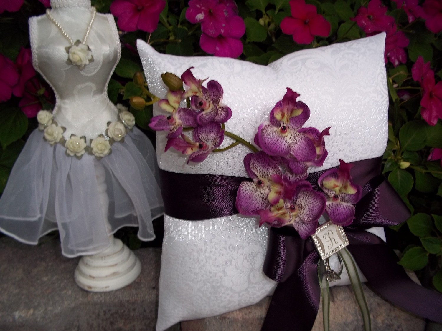 Ring Bearer pillow with Cascading Orchids, Ribbons and a Personalized Rhinestone initial