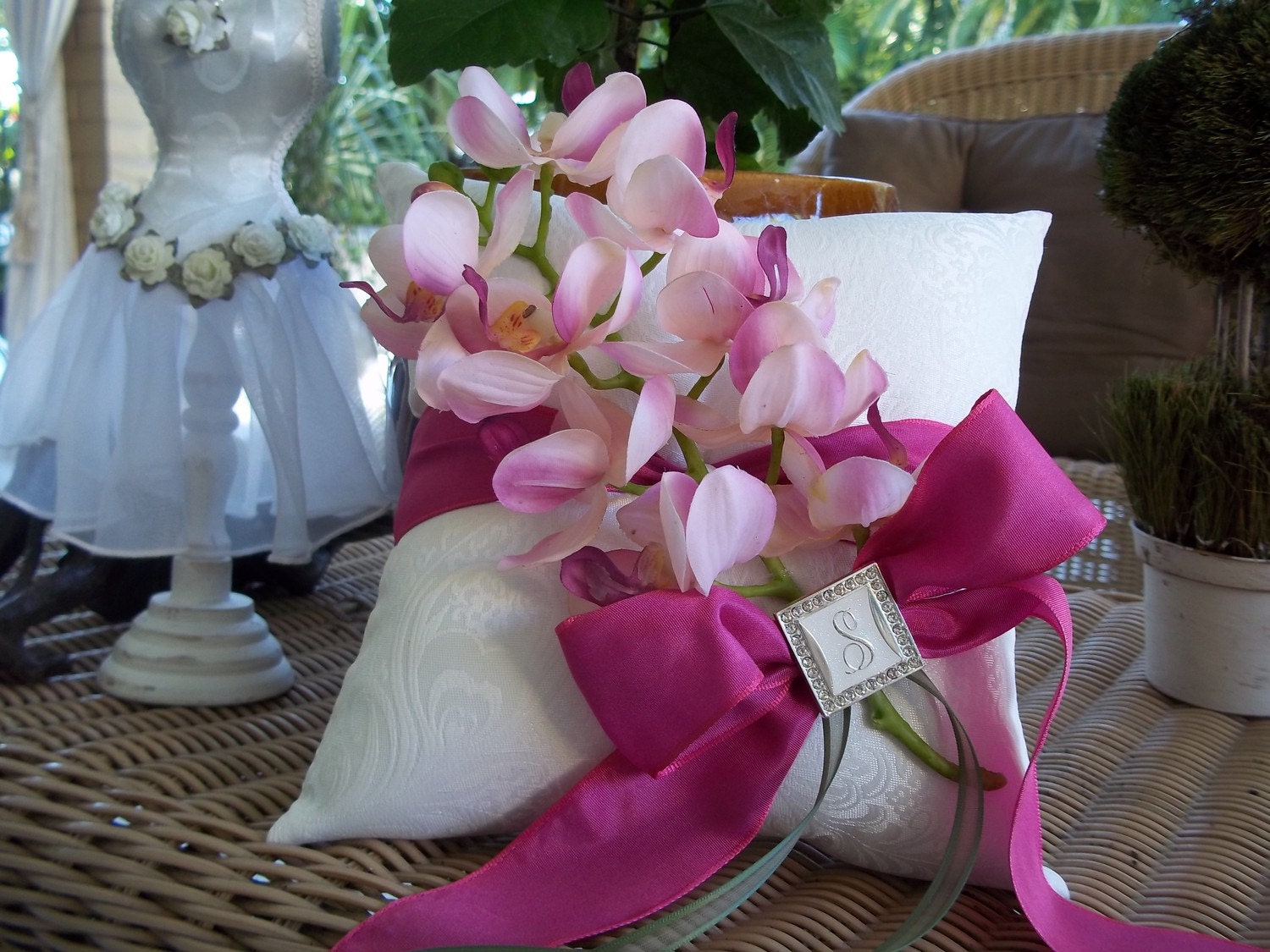 Ring Bearer Pillow - Beautiful and Elegant Ring Pillow in Fuchsia and White