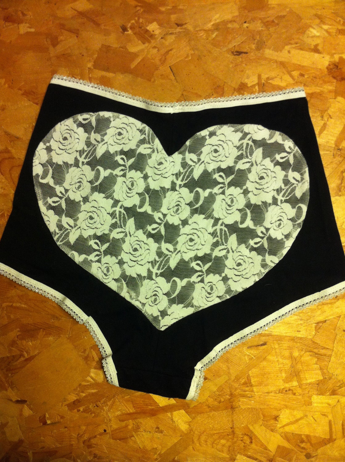 Ready to Ship - Amelia Hart Undies sz L Black with White heart and Silver trim