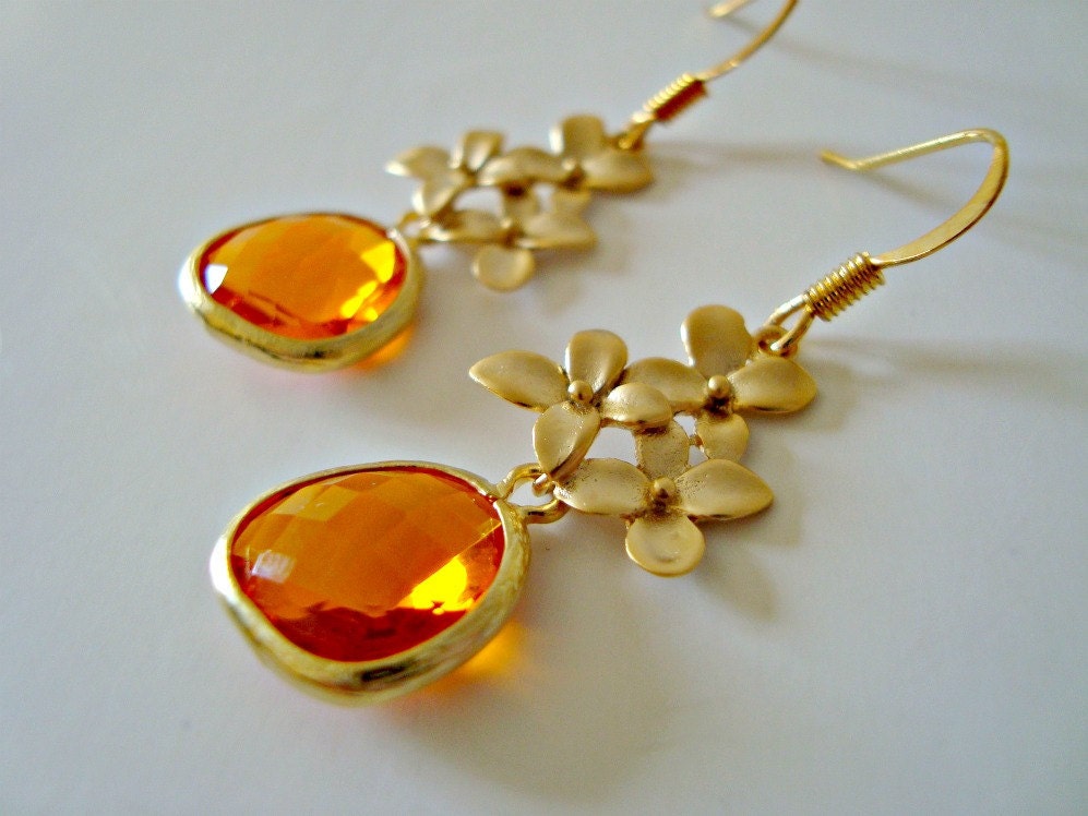 Gold Cherry Blossom and Gold Filled Indian Yellow Dangle Earrings - Also Available in Silver, Bridal Earrings, Bridesmaid Earrings