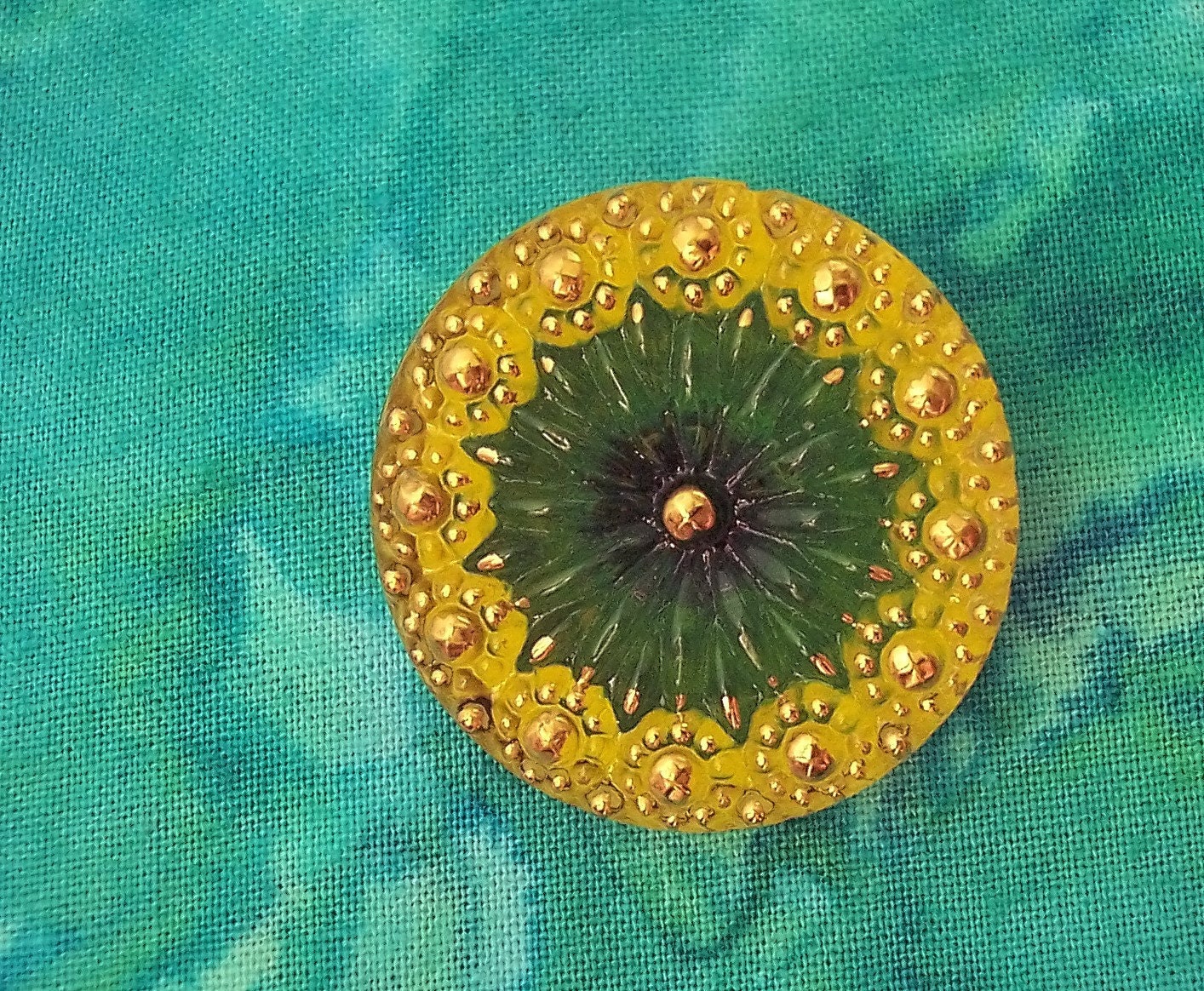 Czech Glass Button Yellow with Green Center and Gold Trim