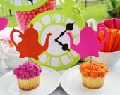 Alice In Wonderland Party Supplies - Cupcake Toppers- 12 Pink Orange Antique Teapots Toppers - Tea Party