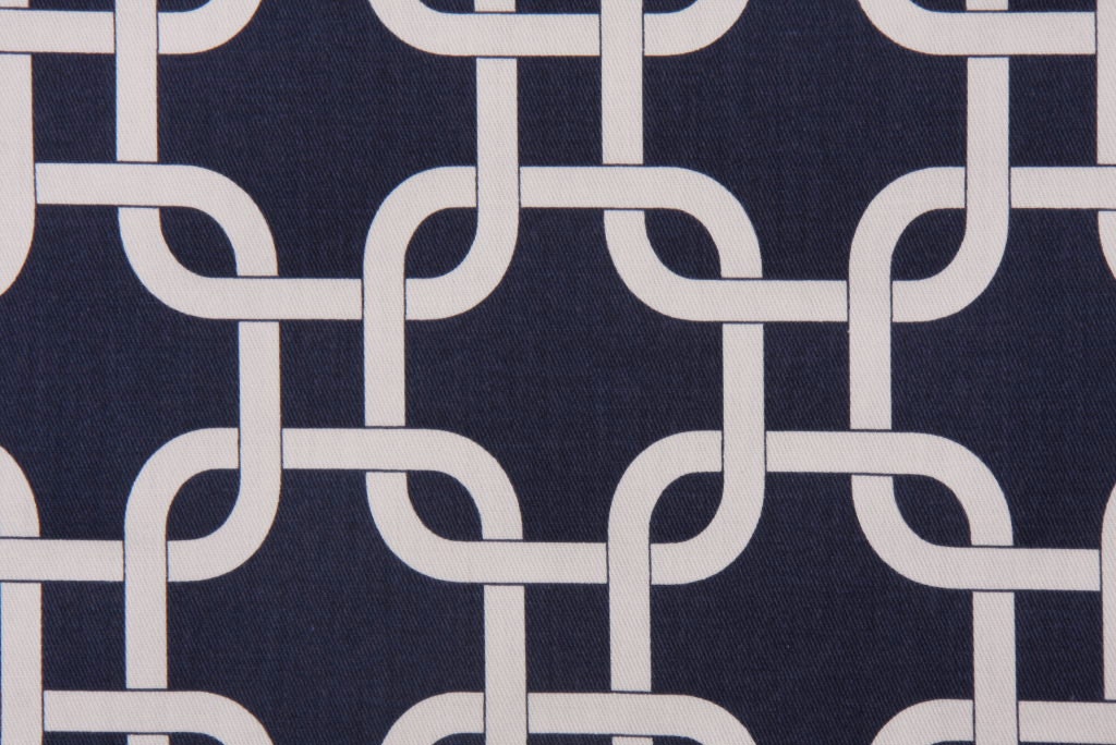Navy Blue and White Cotton Twill Geometric Lattice Fabric
