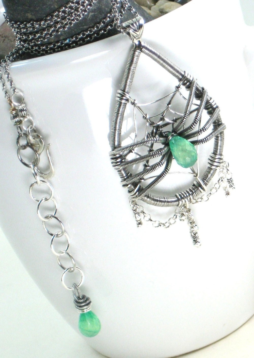 SALE Spider In Her Web Necklace Wire Wrapped Green Onyx Sterling