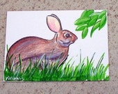 ACEO Brown Bunny mixed media trading card