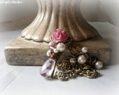Key To My Heart Necklace (ooak), Pink Swarovski Pearls, Decorative Key, Polymer Clay Rose