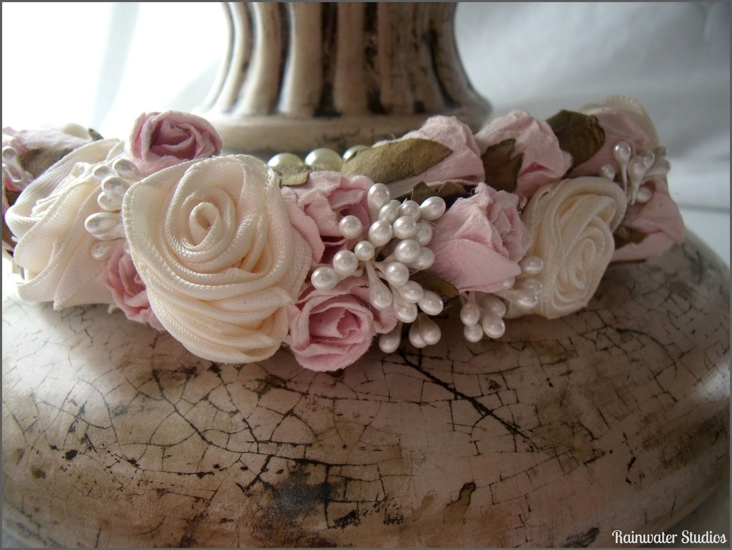 Wedding Headband - Ivory And Petal Pink Flower Girl Head Piece - Made To Order - Handmade Rosettes, Pink Flowers, Pearl Spray