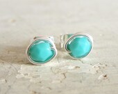 Tiffany Blue Stud Earrings // Tiny Sterling Wire Wrapped Polish Glass Bead Posts