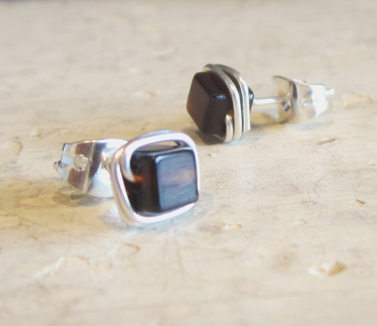 Square Stud Earrings // Sterling Wire Wrapped Smoky Quartz Posts