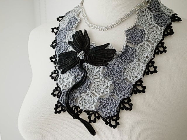 Irish Crochet Lace Jewelry (Grape Vine) Bib Necklace Fiber Art Necklace Statement Necklace