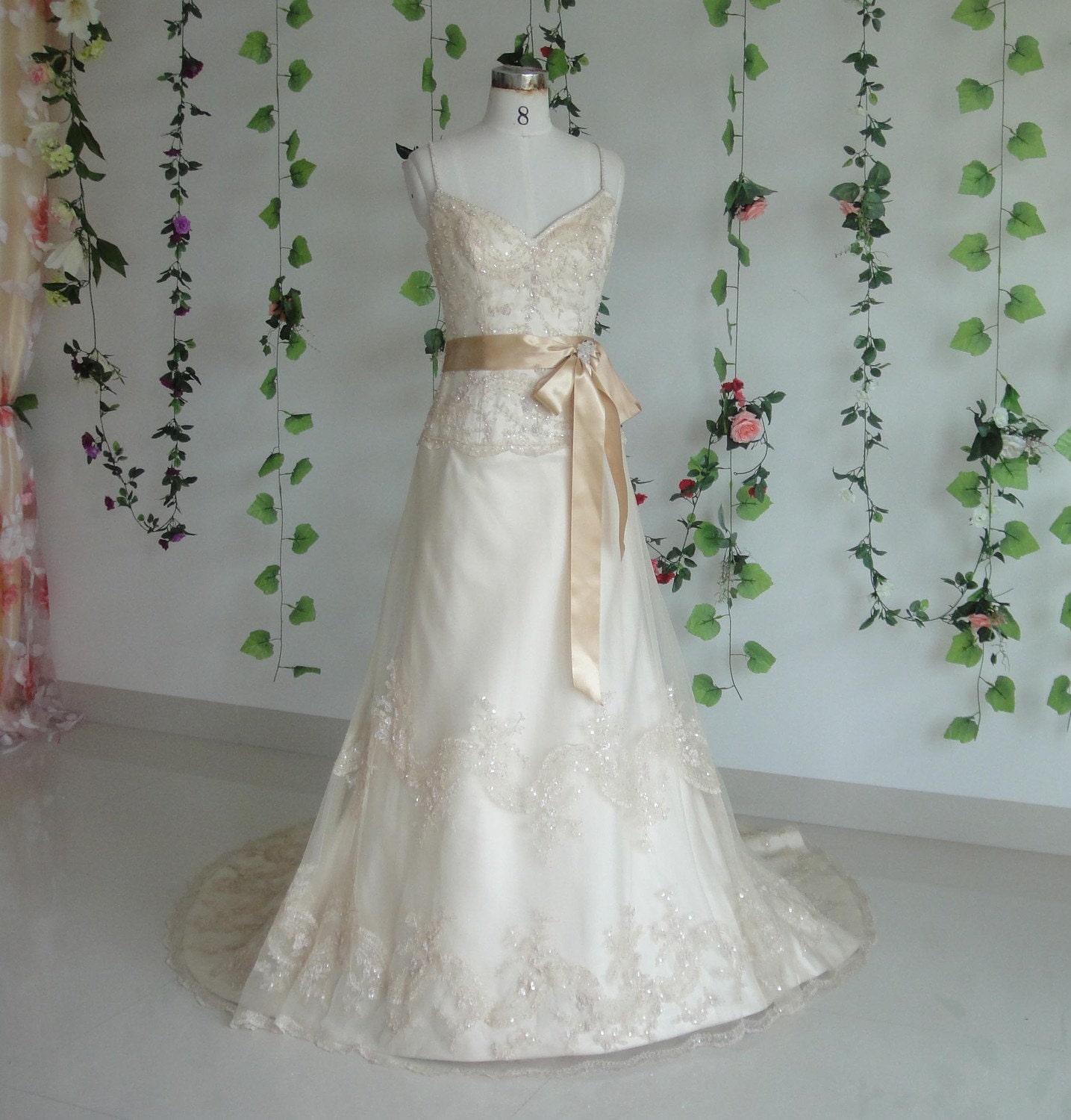 Champagne Bridal Gown with Straps made with Satin and Couture Floral Lace