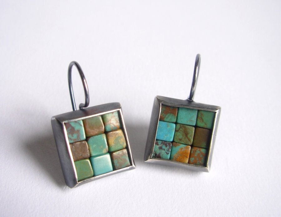 Mosaic Earrings - Turquoise Oxidized Silver