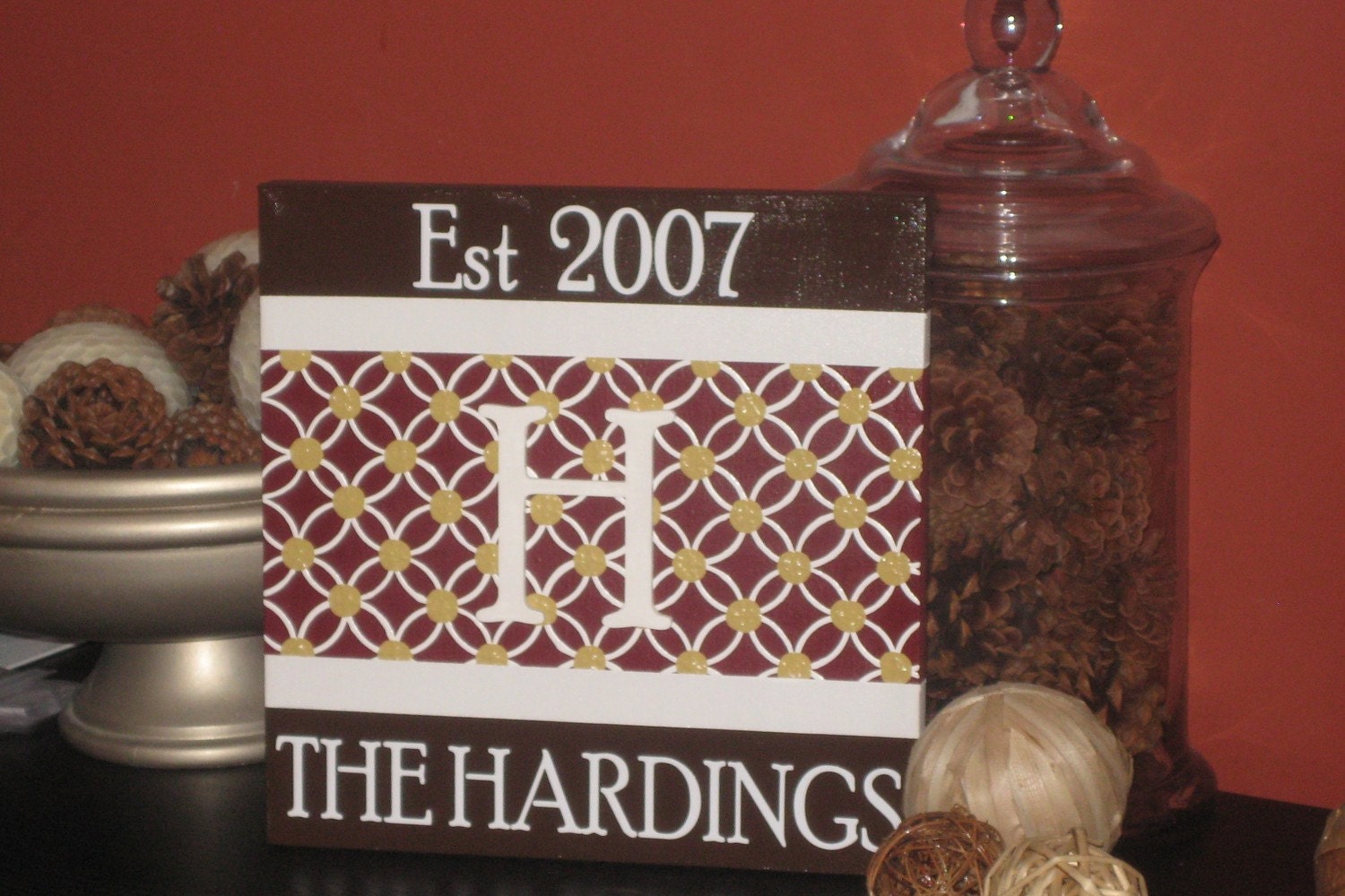 Personalized Family Name Sign 12" x 12" hand painted canvas with wood initial. Made to order- choose colors, fonts,etc.