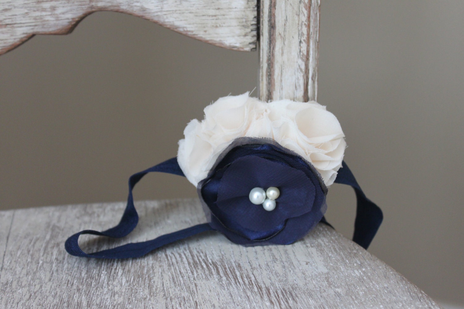 Baby Headband Infant Headband Girl Headband Fabric Flower Headband Shabby Chic Navy Headband Cream Headband Flower Girl Headband