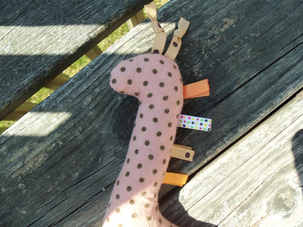 Giraffe Toy, Peach and Brown dots Repurposed Materials