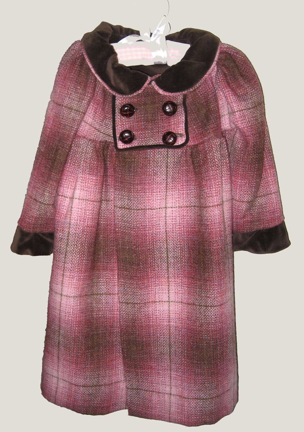 Pink Plaid Wool Toddler Girls Coat with Velvet and Silk Lining 2T-5T