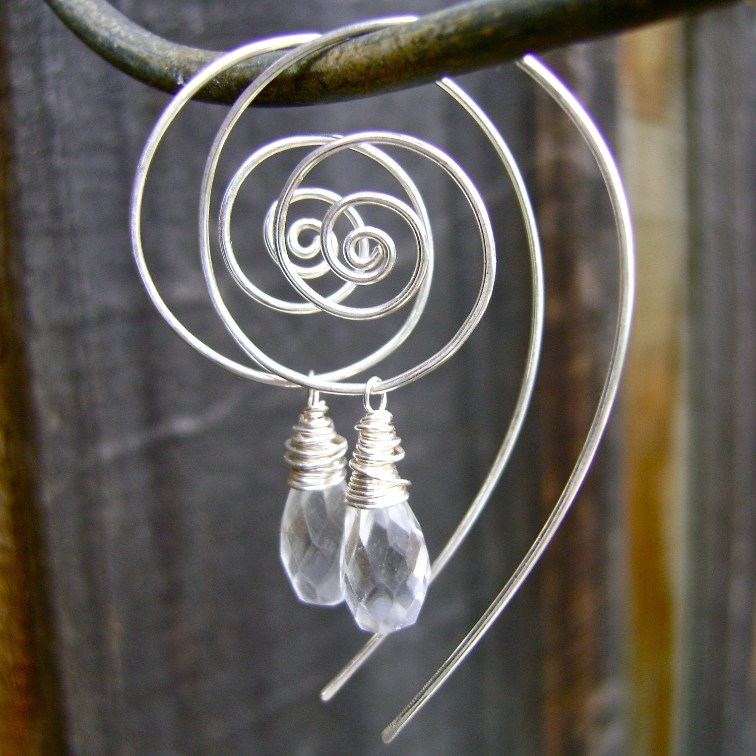 Sterling Silver Spiral Earrings with Crystal Quartz Dangles. Jewelry by FullSpiral on Etsy
