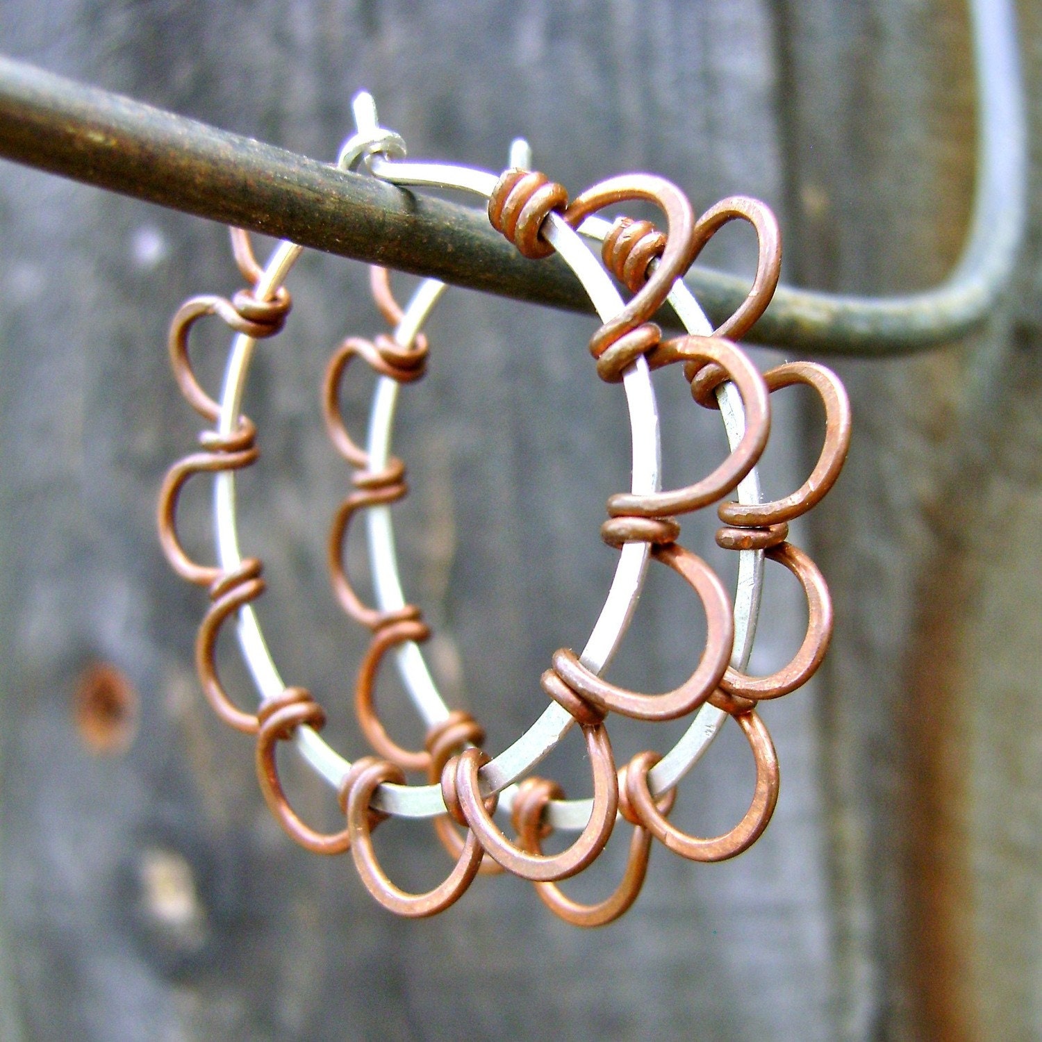 Daisy Hoop Earrings, Recycled Sterling Silver and Copper Mixed Metals. Jewelry by FullSpiral on Etsy