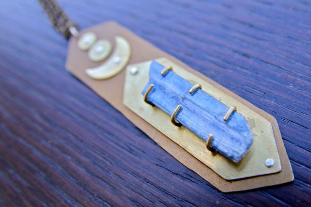 Kyanite and Recycled Brass Crystal Amulet Necklace. OOAK Jewelry by FullSpiral on Etsy